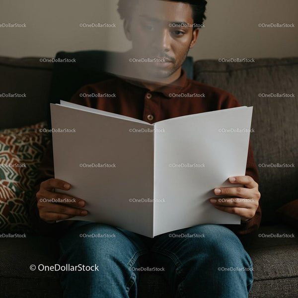 Man absorbed in reading large book on sofa JPG Mockup Image