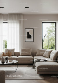 Elegant Modern Living Room with Beige Couch and Large Windows