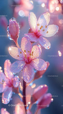 Close-Up of Dew-Covered Pink Cherry Blossoms in Morning Light