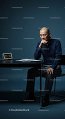 Man Deep in Thought at Office Desk with Timer Display