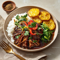 Savory Asian Dish with Rice, Vegetables, and Grilled Plantains