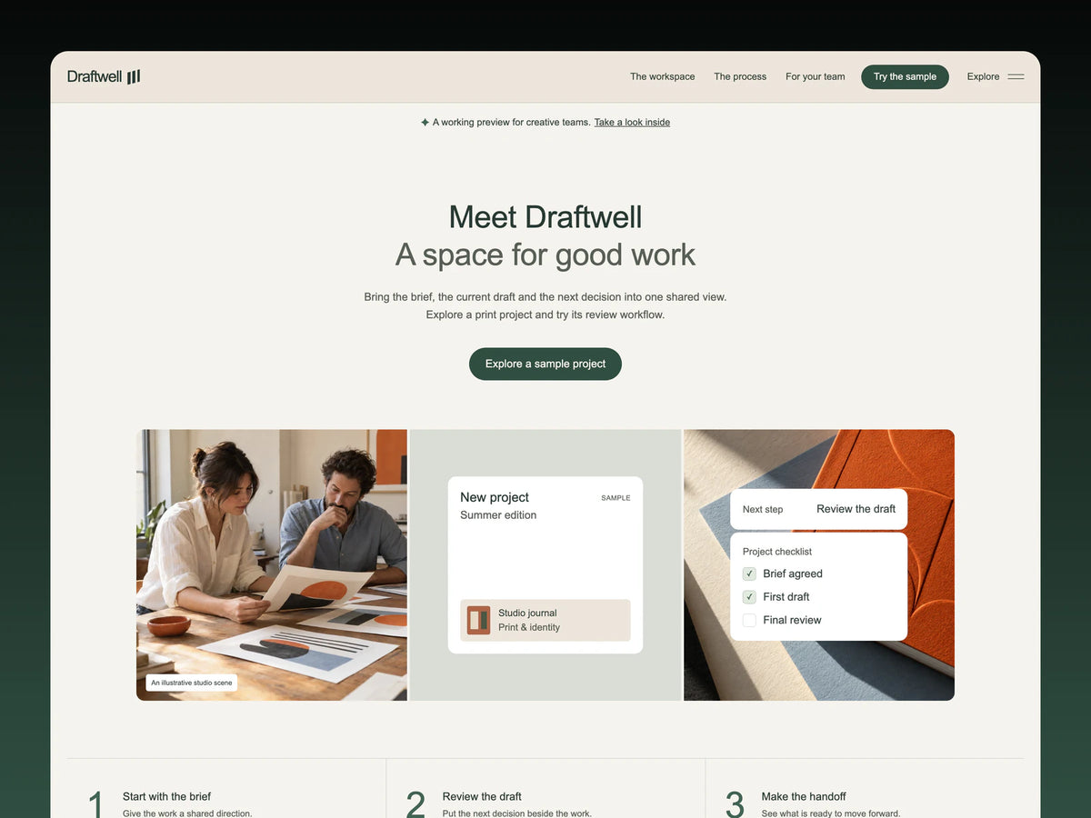 Draftwell ivory homepage with a green headline, studio photograph and sample project review cards inside a dark green frame.