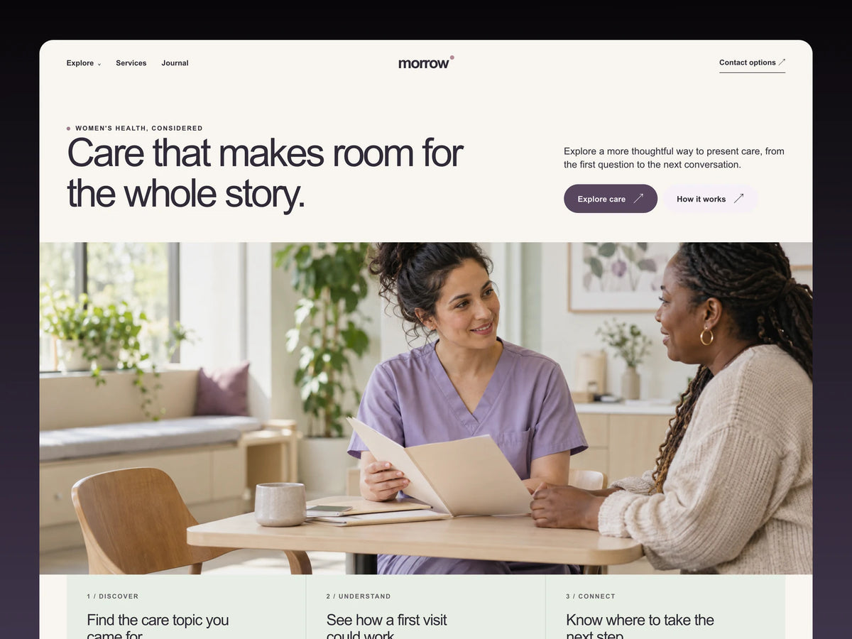 Morrow Care website template hero with a consultation photo, headline, navigation, and care links