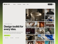 Novaform website template preview with split editorial hero and 18 individually photographed design cards
