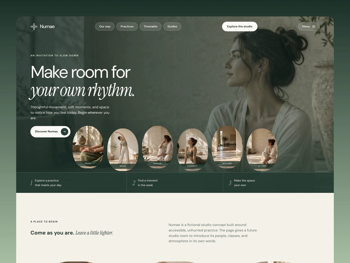 Numae Practice website preview with a deep green hero, portrait photography, oval image cards, and a three-step band