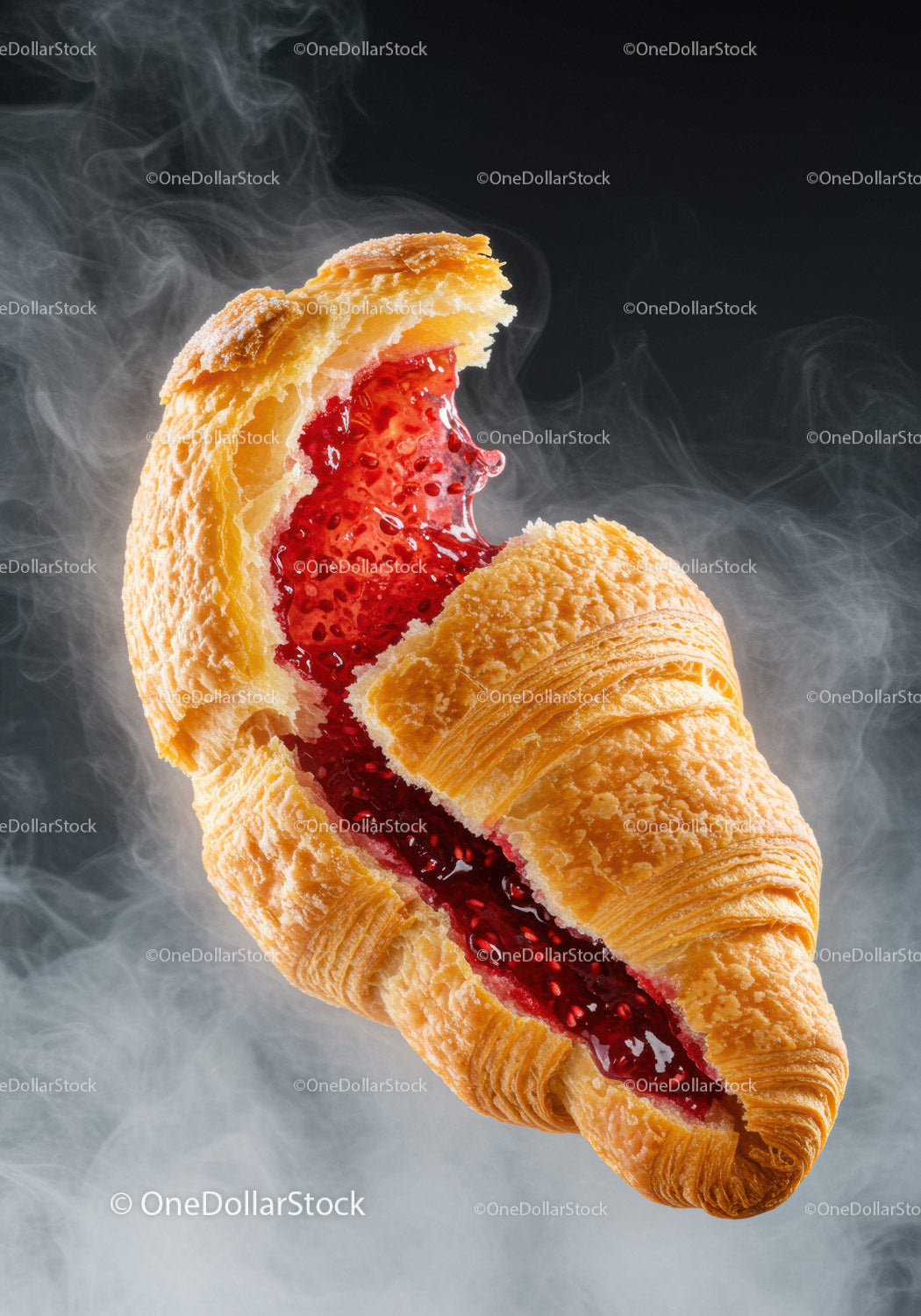 Fresh raspberry jam filling in cracked golden croissant