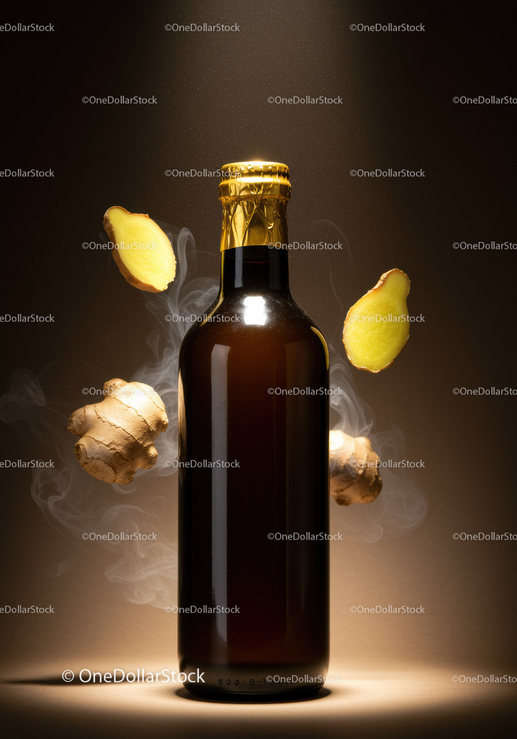 Dark Ginger Beer Bottle Surrounded by Fresh Ginger Roots