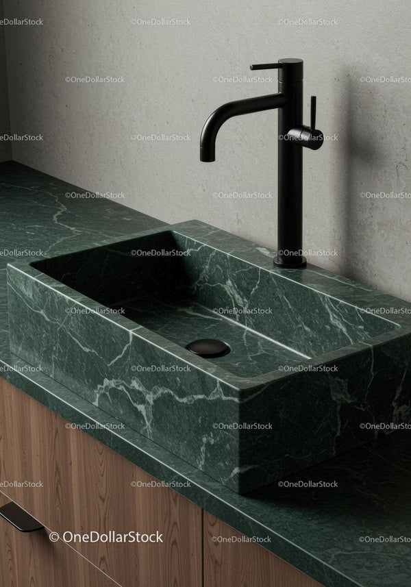Modern Green Marble Bathroom Sink with Black Faucet and Wooden Cabinet