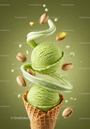 Fresh Pistachio Ice Cream Scoops in Crispy Waffle Cone