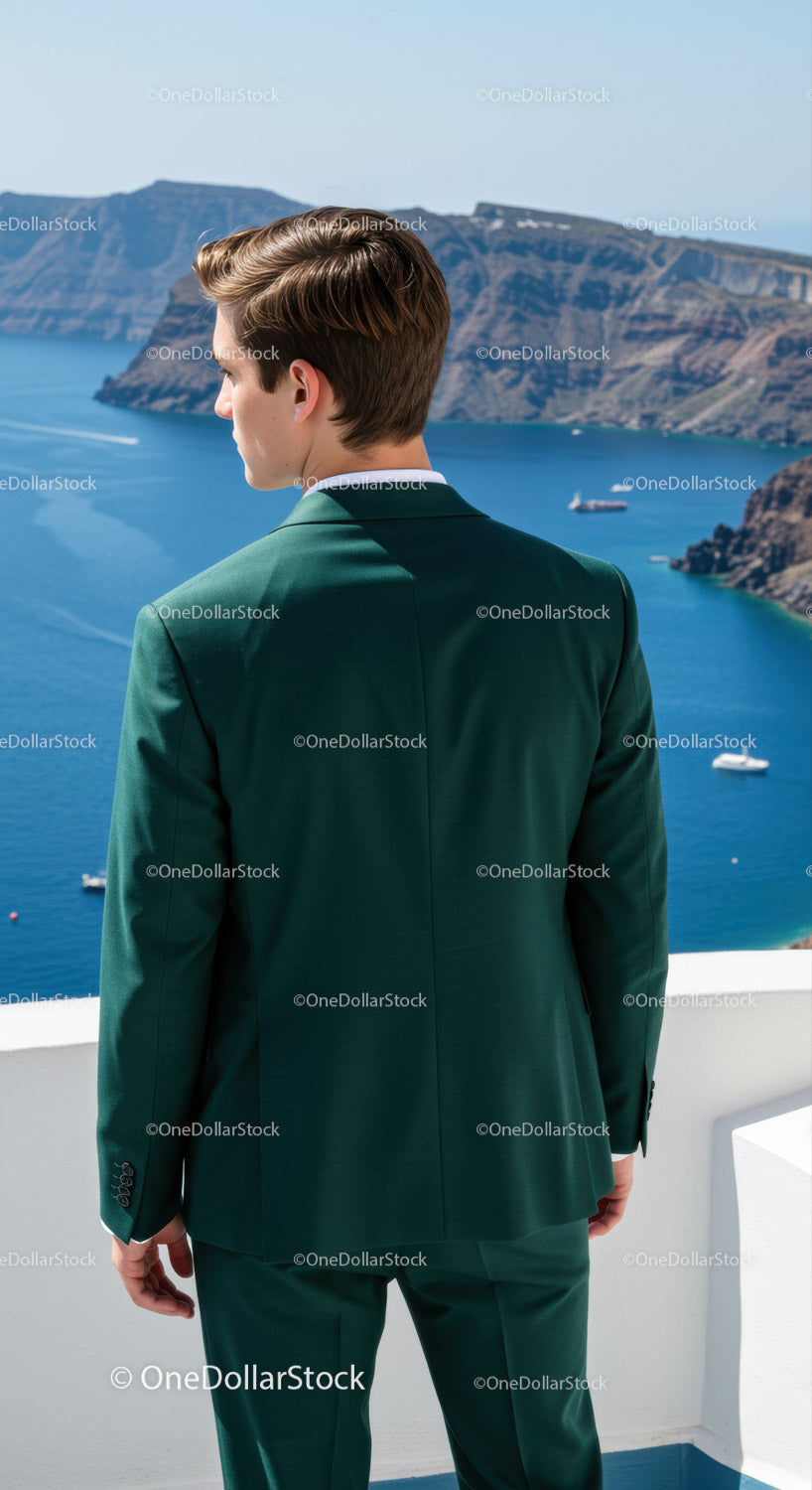 Man in Green Suit Looking at Scenic Seaside Cliffs