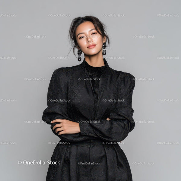 Elegant Woman in Black Textured Dress with Stylish Accessories
