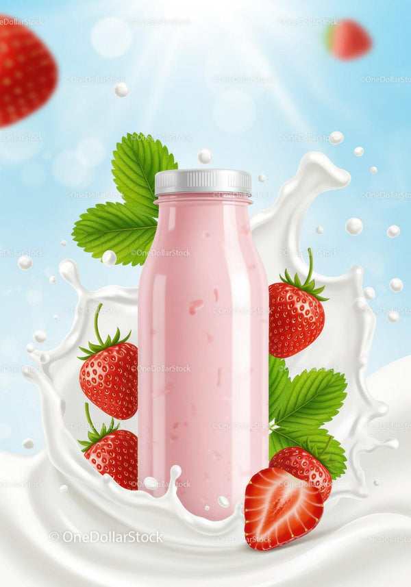 Strawberry yogurt bottle with fresh fruit splash JPG Mockup Image