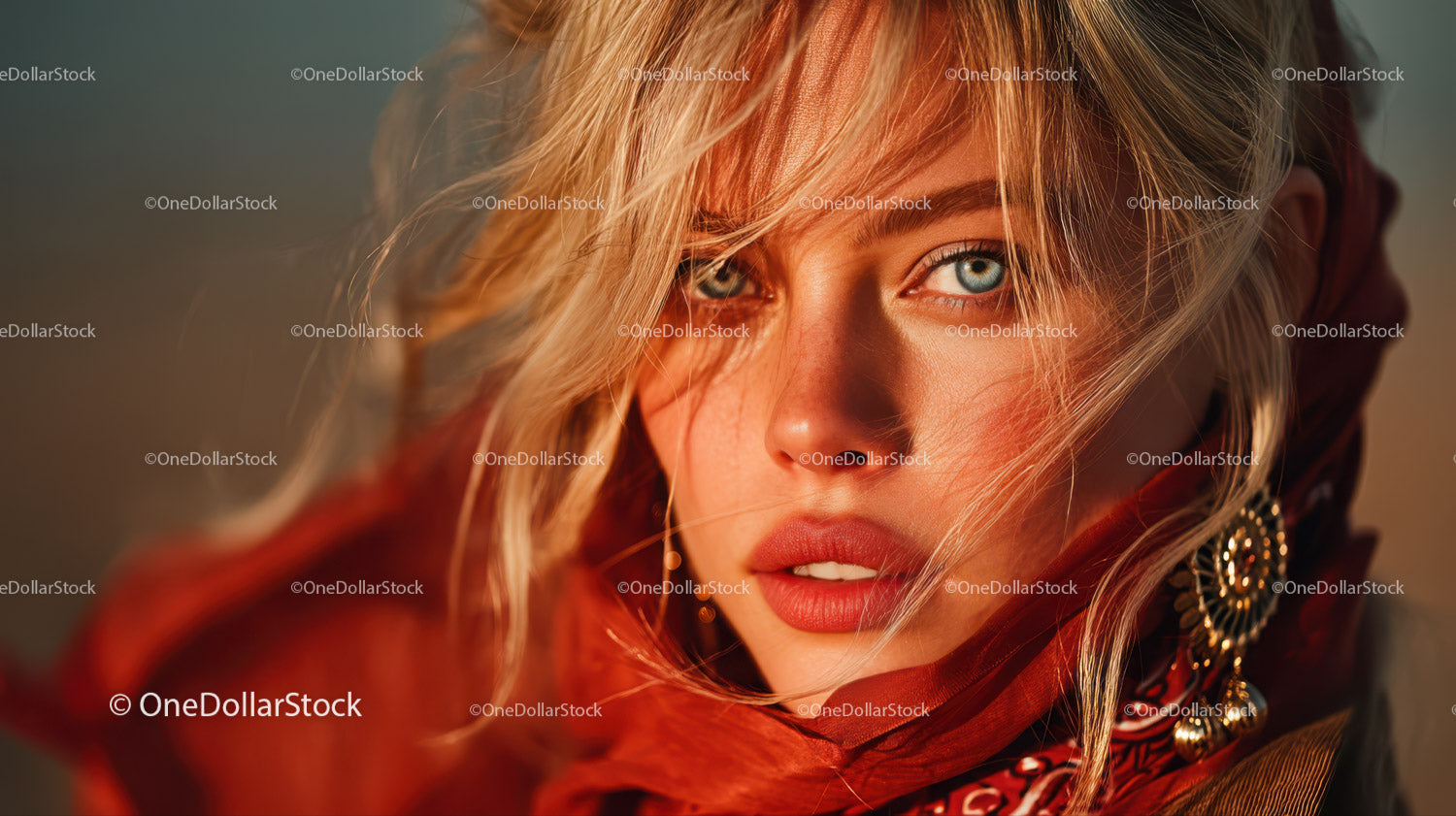 Glamorous Blonde Woman with Blue Eyes Wearing Red Scarf in Studio