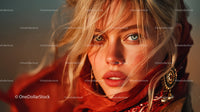 Glamorous Blonde Woman with Blue Eyes Wearing Red Scarf in Studio
