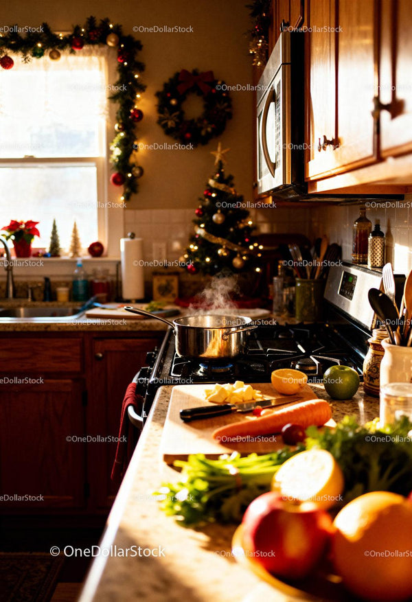 Cozy kitchen with holiday decorations and cooking scene