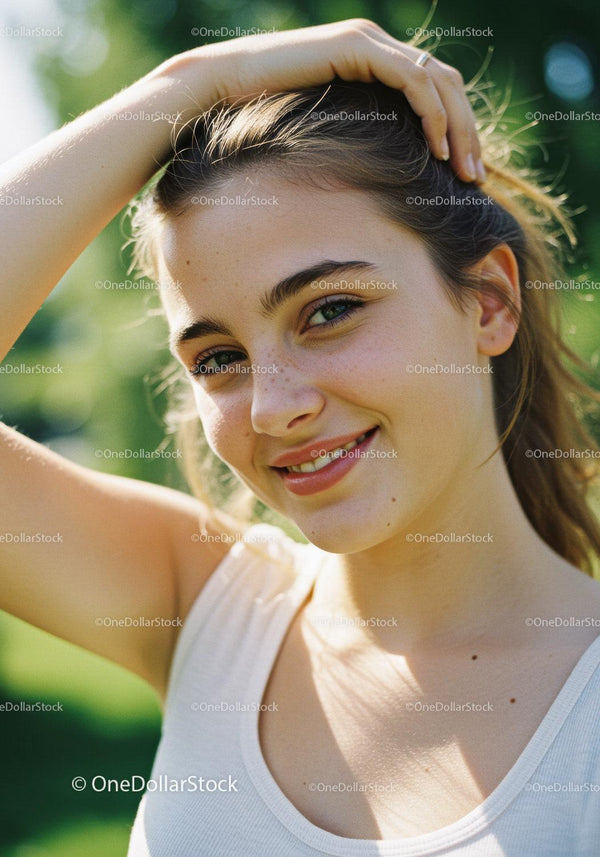 Portret Uśmiechniętej Młodej Kobiety na Zewnątrz w Letnim Świetle