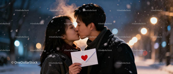 Couple Sharing a Romantic Kiss Holding Heart Envelope