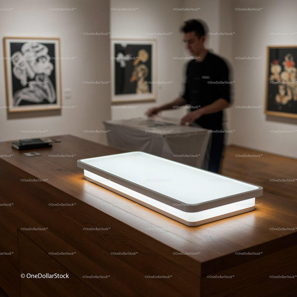 Modern illuminated display in contemporary art gallery JPG Mockup Image