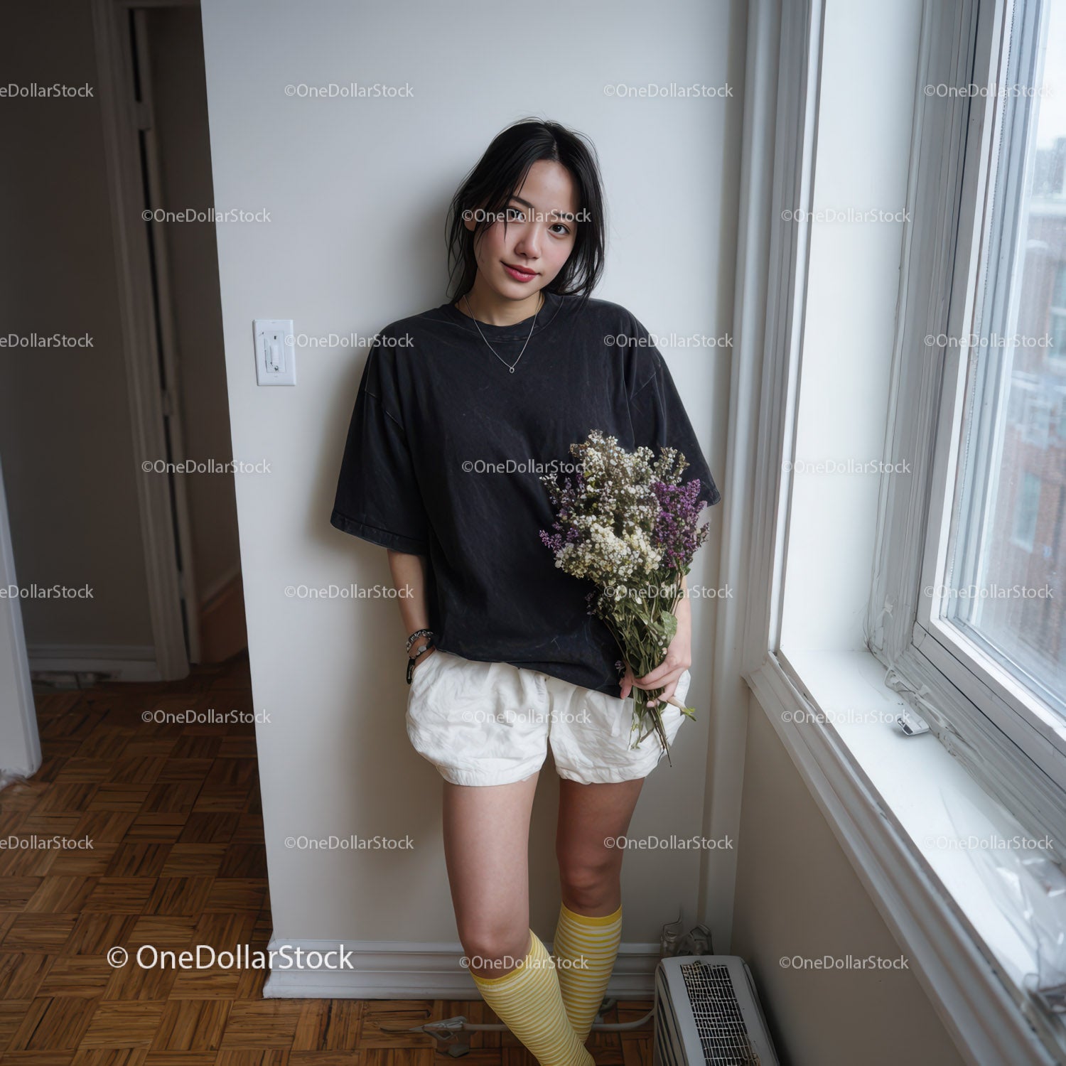 Young Woman Holding Flowers in Bright Casual Outfit in Modern Apartment