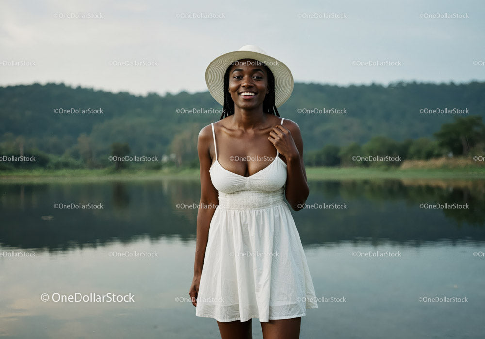 Joyful Woman in White Dress Enjoying Lakeside Nature Scene