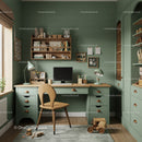 Cozy Modern Green Home Office with Wooden Desk and Decor