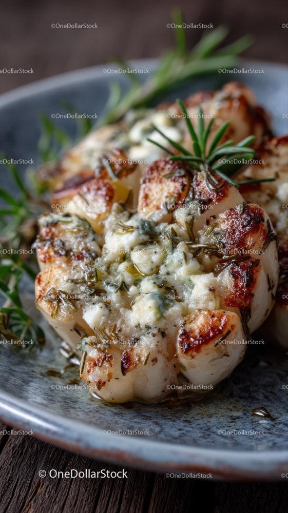 Herb Stuffed Garlic Mushroom with Cheese in Rustic Bowl