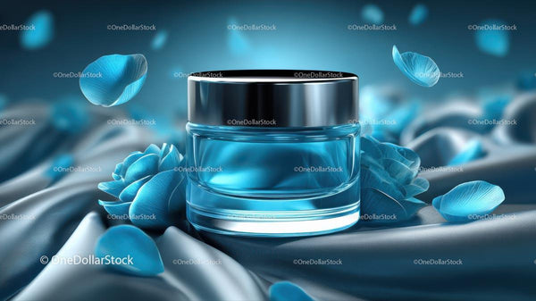 Elegant Blue Cosmetic Jar Among Delicate Petals JPG Mockup Image