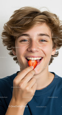 Happy teenage boy enjoying a fresh strawberry with a bright smile