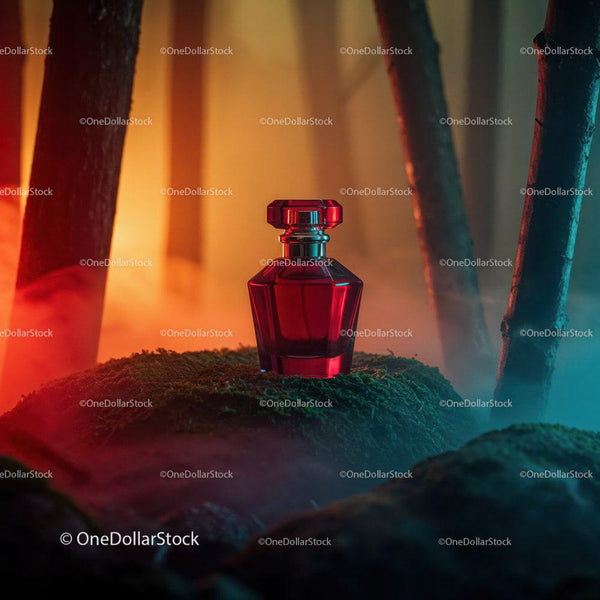 Red Glass Perfume Bottle on Moss in Artistic Studio Setting JPG Mockup Image