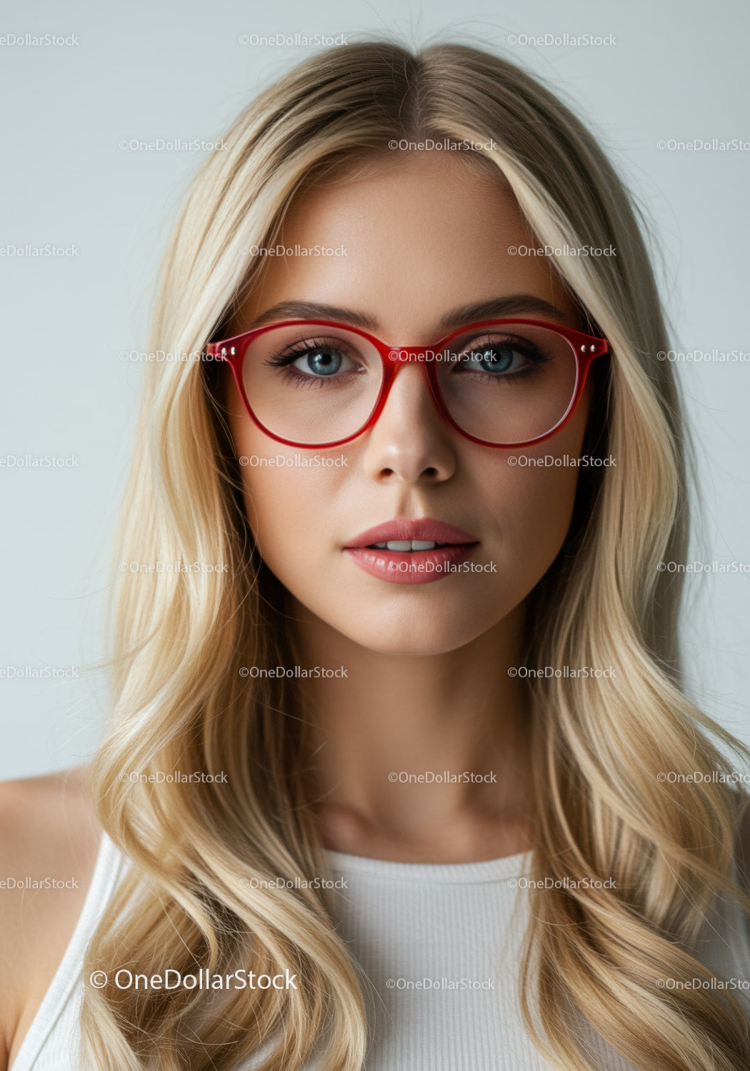 Fashionable Blonde Woman Wearing Red Glasses Looking Confident