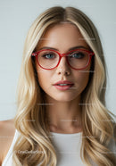 Fashionable Blonde Woman Wearing Red Glasses Looking Confident