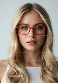 Fashionable Blonde Woman Wearing Red Glasses Looking Confident