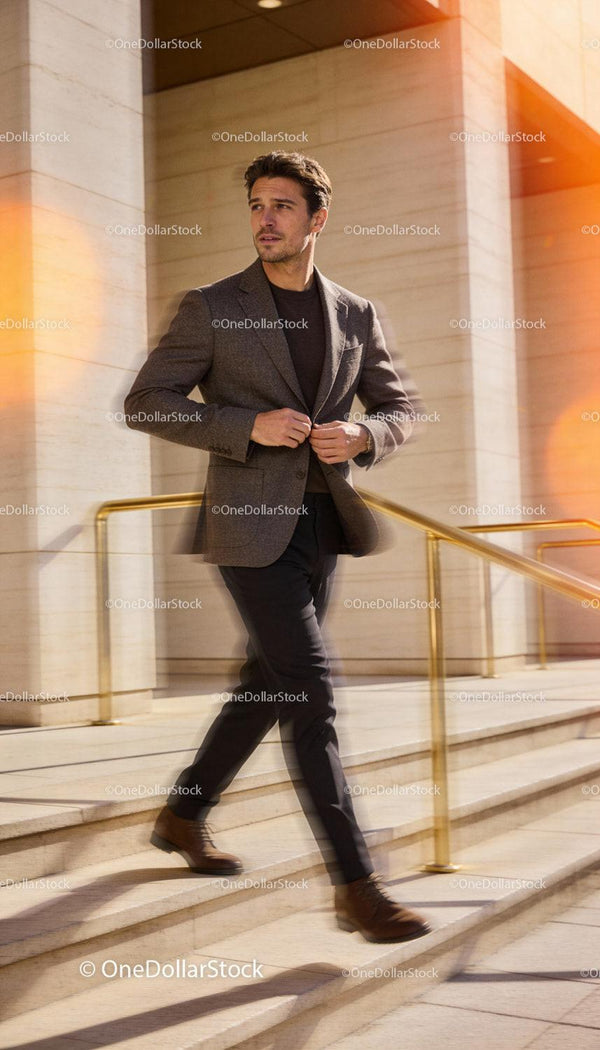Stylish man confidently walking down marble steps