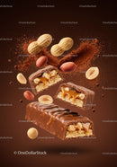 Chocolate caramel nougat peanut candy bar closeup