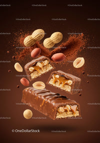Chocolate caramel nougat peanut candy bar closeup
