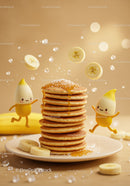 Stack of Pancakes with Maple Syrup and Playful Banana Characters