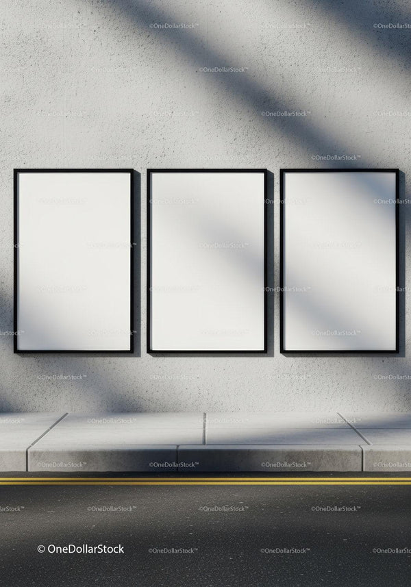 Minimalist three blank poster frames on street wall JPG Mockup Image