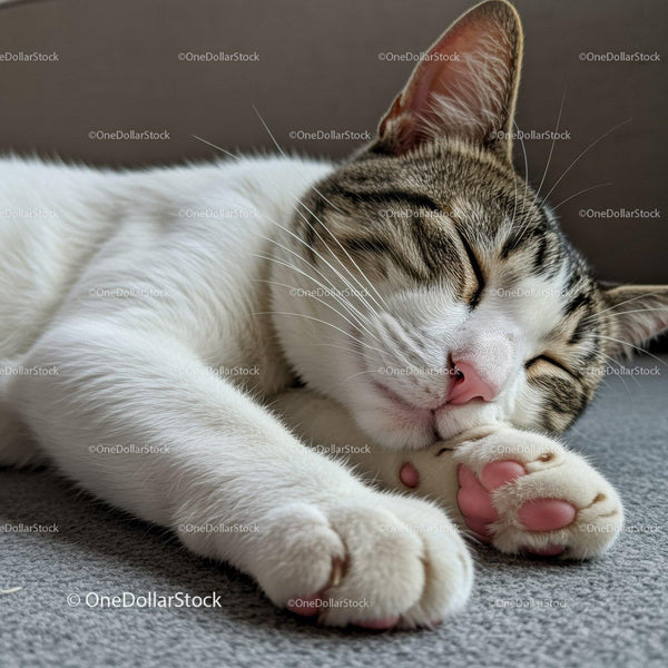 Peaceful tabby cat sleeping on soft carpet close up