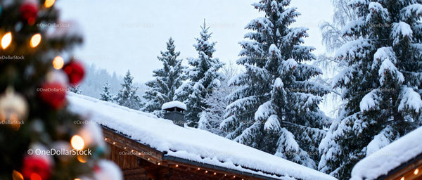 Snow-covered pine trees and cabin roof in winter forest