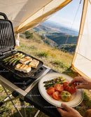 Grilling Halloumi and Asparagus Outdoors with Fresh Tomatoes