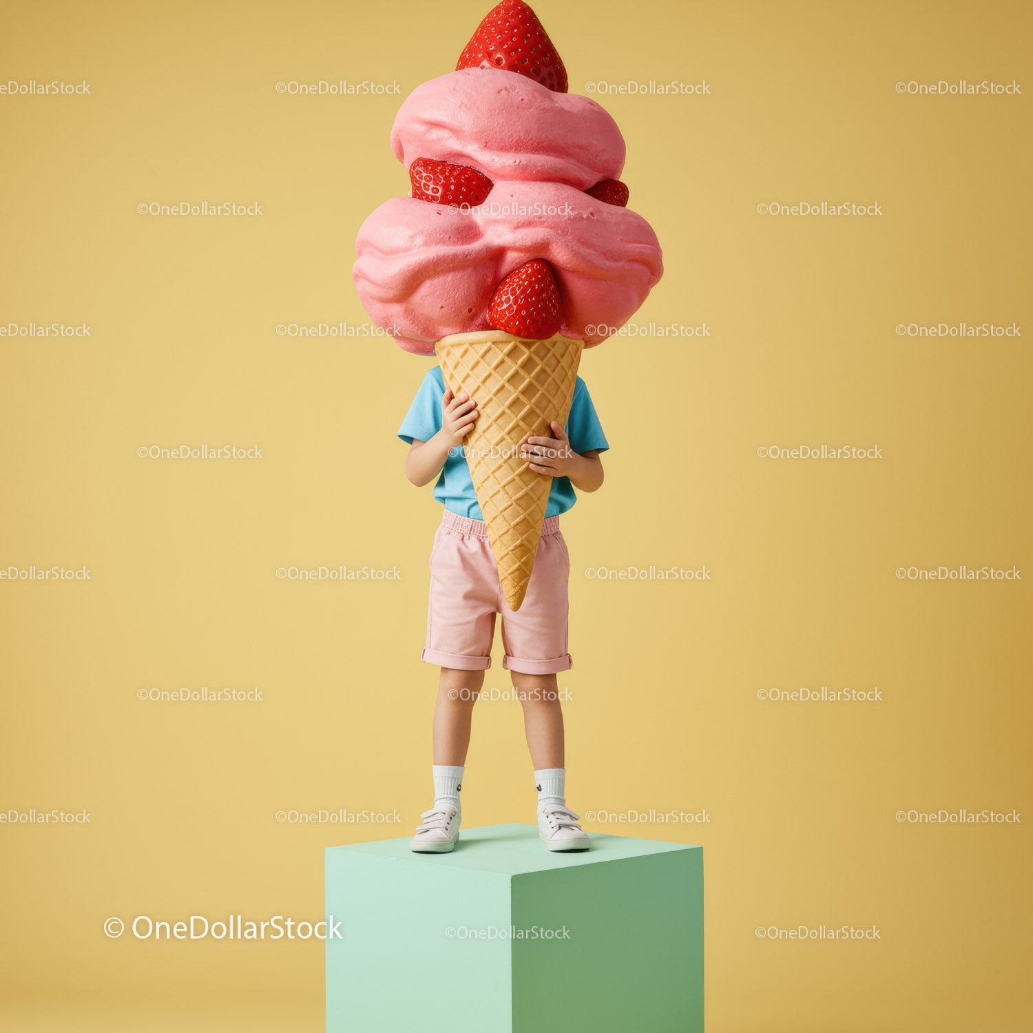 Child holding oversized strawberry ice cream cone