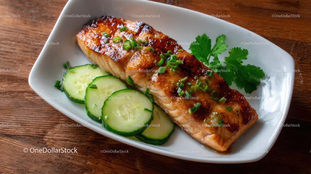 Grilled Fish with Cucumber Slices on Rustic Wooden Table