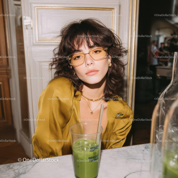 Stylish Woman with Curly Hair and Yellow Sunglasses Sitting at Cafe