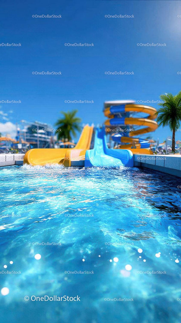 Sunny Tropical Water Slide in Pool With Blue Sky and Palm Trees