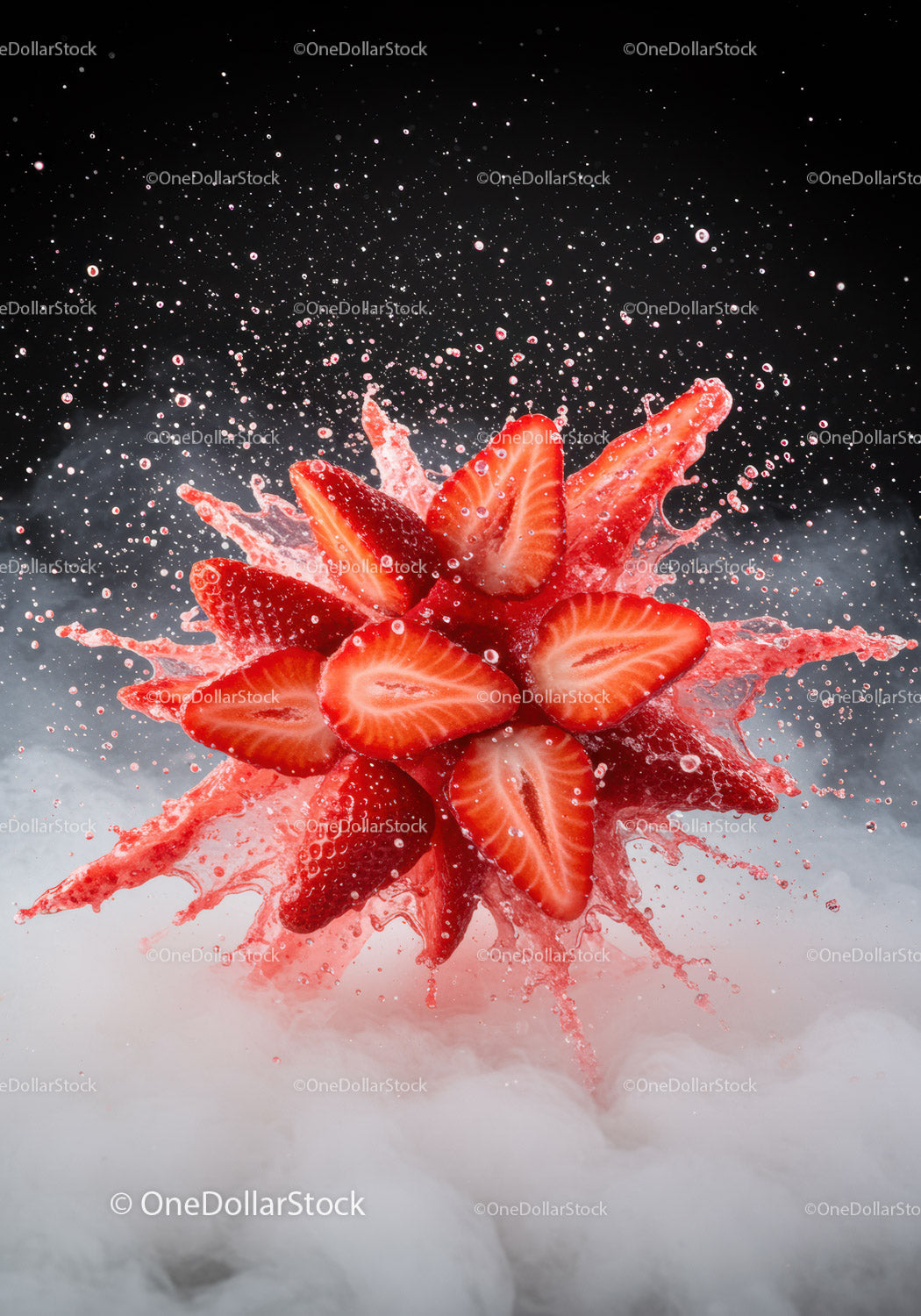 Fresh Strawberries Splashing Into Water with Mist