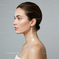 Elegant Female Portrait with Skin and Facial Line Art in Soft Studio Setting