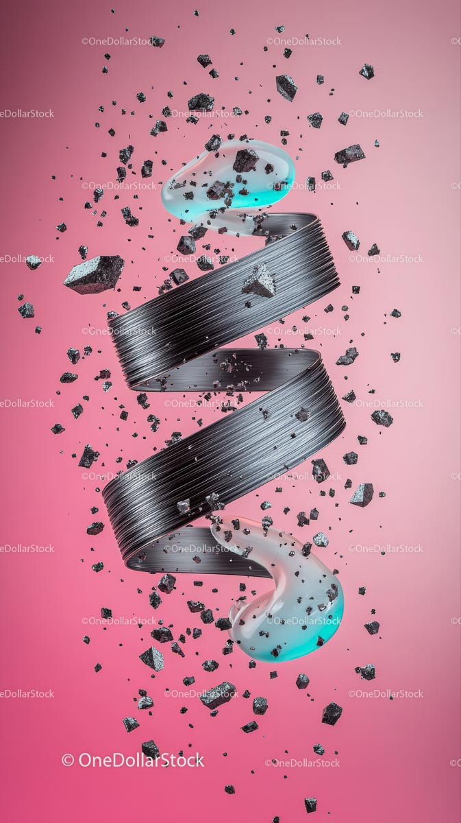 Dynamic Metallic Spiral with Floating Rocks in Pink Background