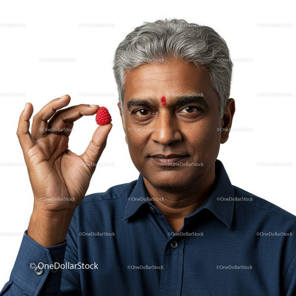 Portrait of a Confident Man Holding Raspberry Against White Background