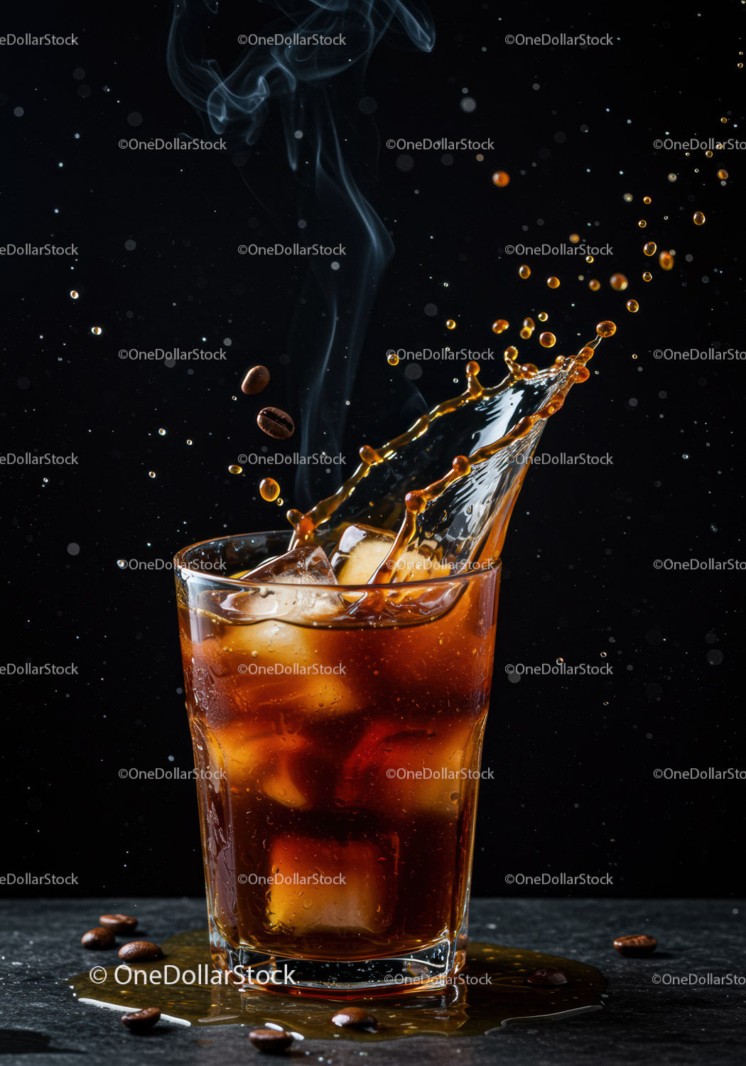 Iced coffee splash with coffee beans in glass