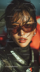 Confident Female Rider in Sunglasses with Motorcycle Gear